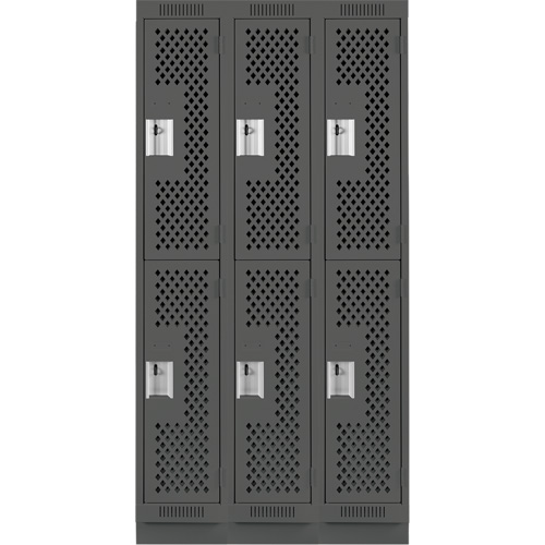 Clean Line Lockers, 2 -tier, Bank of 3, 36" x 15" x 76", Steel, Charcoal, Rivet (Assembled), Perforated Pronet Distribution