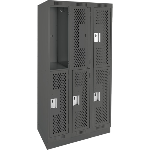 Clean Line Lockers, 2 -tier, Bank of 3, 36" x 15" x 76", Steel, Charcoal, Rivet (Assembled), Perforated Pronet Distribution