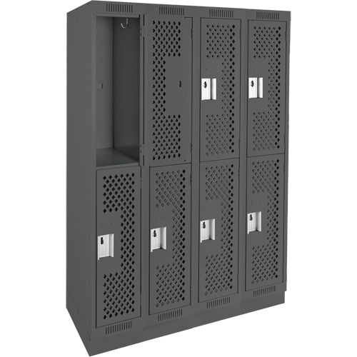 Clean Line Lockers, 2 -tier, Bank of 4, 48" x 15" x 76", Steel, Charcoal, Rivet (Assembled), Perforated Pronet Distribution