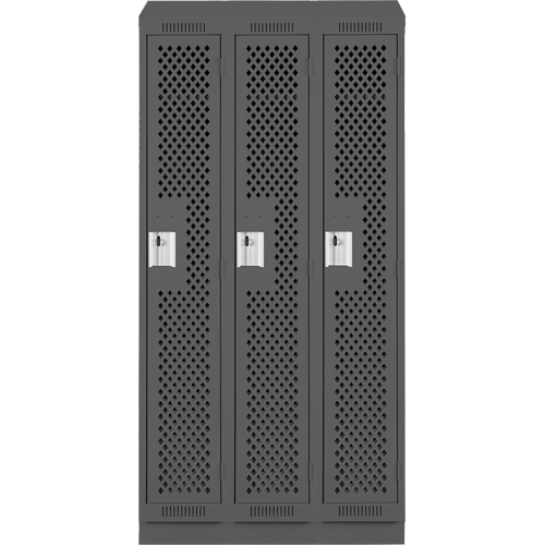 Clean Line Lockers, Bank of 3, 36" x 18" x 82", Steel, Charcoal, Rivet (Assembled), Perforated Pronet Distribution