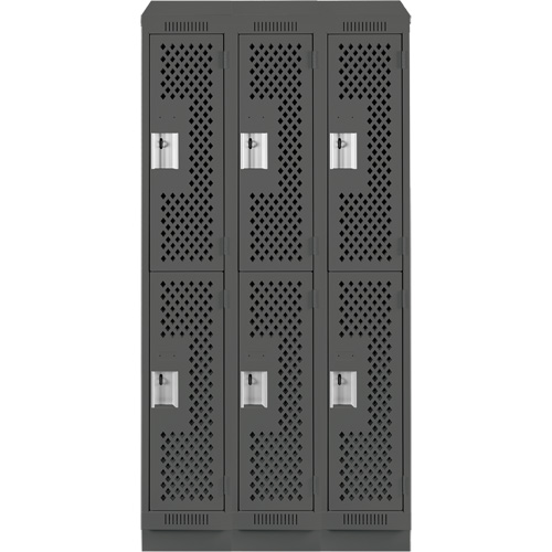 Clean Line Lockers, 2 -tier, Bank of 3, 36" x 18" x 82", Steel, Charcoal, Rivet (Assembled), Perforated Pronet Distribution