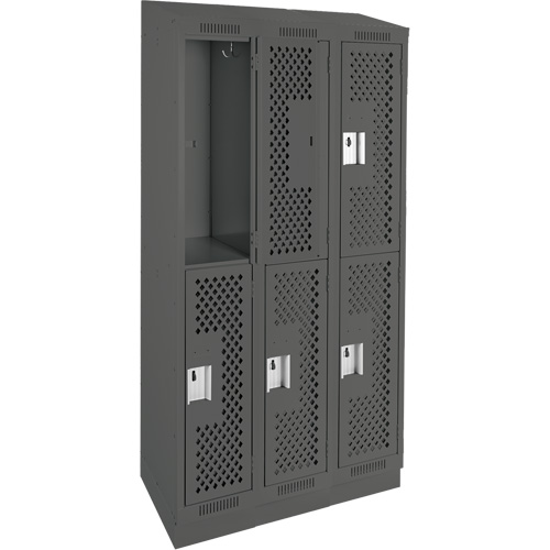 Clean Line Lockers, 2 -tier, Bank of 3, 36" x 18" x 82", Steel, Charcoal, Rivet (Assembled), Perforated Pronet Distribution