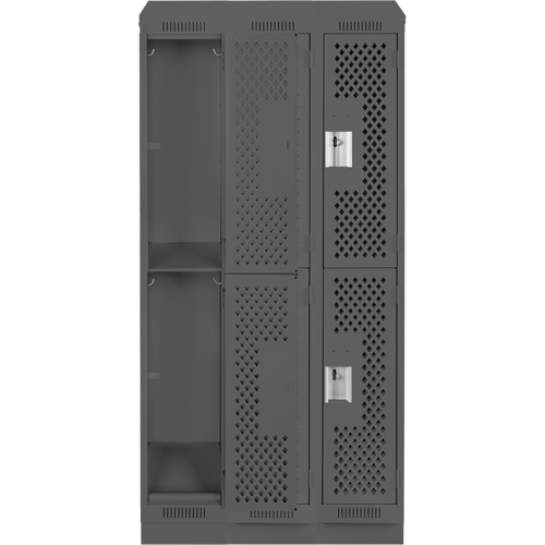 Clean Line Lockers, 2 -tier, Bank of 3, 36" x 18" x 82", Steel, Charcoal, Rivet (Assembled), Perforated Pronet Distribution