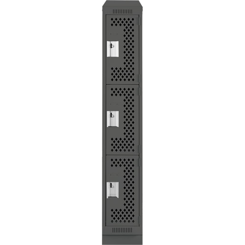 Clean Line Lockers, 3 -tier, 12" x 12" x 82", Steel, Charcoal, Rivet (Assembled), Perforated Pronet Distribution
