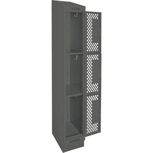 Clean Line Lockers, 3 -tier, 12" x 12" x 82", Steel, Charcoal, Rivet (Assembled), Perforated Pronet Distribution