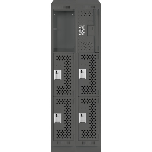 Clean Line Lockers, 3 -tier, Bank of 2, 24" x 12" x 82", Steel, Charcoal, Rivet (Assembled), Perforated Pronet Distribution