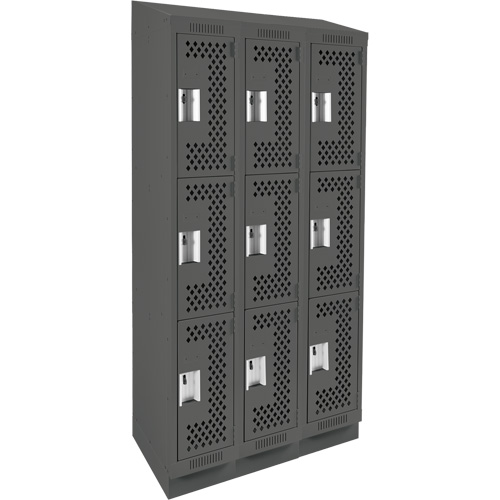 Clean Line Lockers, 3 -tier, Bank of 3, 36" x 12" x 82", Steel, Charcoal, Rivet (Assembled), Perforated Pronet Distribution