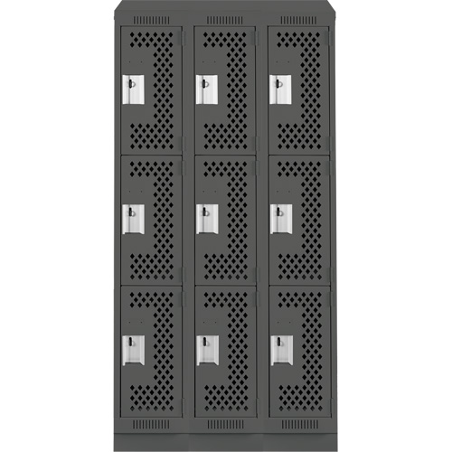 Clean Line Lockers, 3 -tier, Bank of 3, 36" x 12" x 82", Steel, Charcoal, Rivet (Assembled), Perforated Pronet Distribution