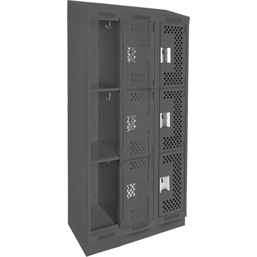 Clean Line Lockers, 3 -tier, Bank of 3, 36" x 12" x 82", Steel, Charcoal, Rivet (Assembled), Perforated Pronet Distribution