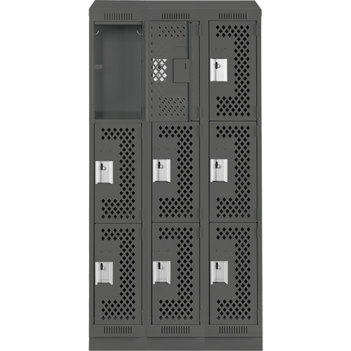 Clean Line Lockers, 3 -tier, Bank of 3, 36" x 12" x 82", Steel, Charcoal, Rivet (Assembled), Perforated Pronet Distribution