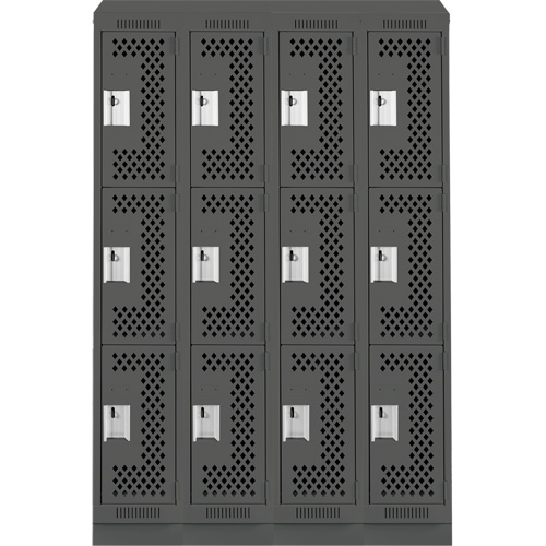 Clean Line Lockers, 3 -tier, Bank of 4, 48" x 12" x 82", Steel, Charcoal, Rivet (Assembled), Perforated Pronet Distribution