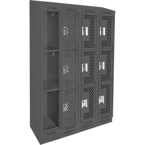 Clean Line Lockers, 3 -tier, Bank of 4, 48" x 12" x 82", Steel, Charcoal, Rivet (Assembled), Perforated Pronet Distribution
