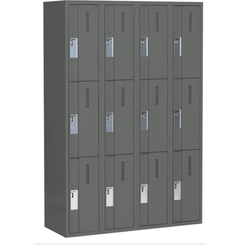 Concorde Heavy-Duty Lockers, 3 -tier, Bank of 4, 48" x 18" x 72", Steel, Charcoal, Welded (Assembled) Pronet Distribution