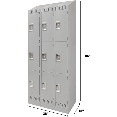 Lockers, 3 -tier, Bank of 3, 36" x 18" x 86", Steel, Grey, Knocked Down Pronet Distribution
