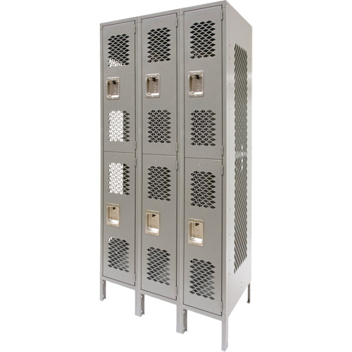Casiers ventil&eacute;s, 2 niveaux, Bloc de 3, 36" x 18" x 78", Acier, Gris, D&eacute;mont&eacute;, Perfor&eacute; Pronet Distribution