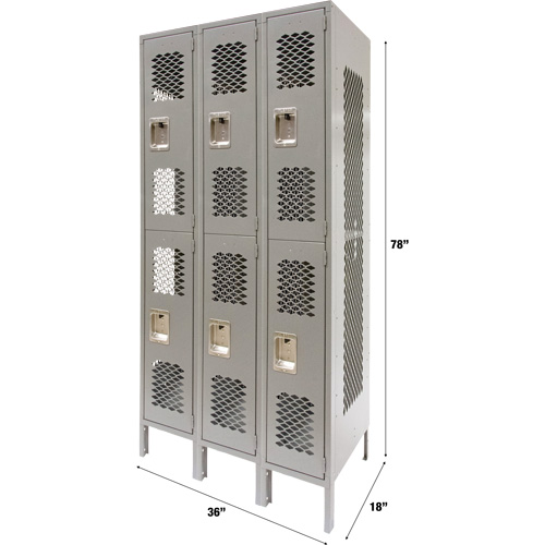 Casiers ventil&eacute;s, 2 niveaux, Bloc de 3, 36" x 18" x 78", Acier, Gris, D&eacute;mont&eacute;, Perfor&eacute; Pronet Distribution