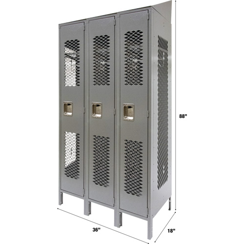 Vented Lockers, Bank of 3, 36" x 18" x 88", Steel, Grey, Knocked Down, Perforated Pronet Distribution