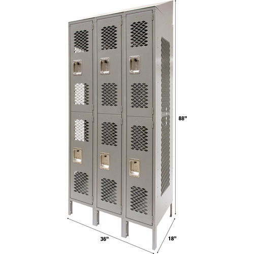 Casiers ventil&eacute;s, 2 niveaux, Bloc de 3, 36" x 18" x 88", Acier, Gris, D&eacute;mont&eacute;, Perfor&eacute; Pronet Distribution