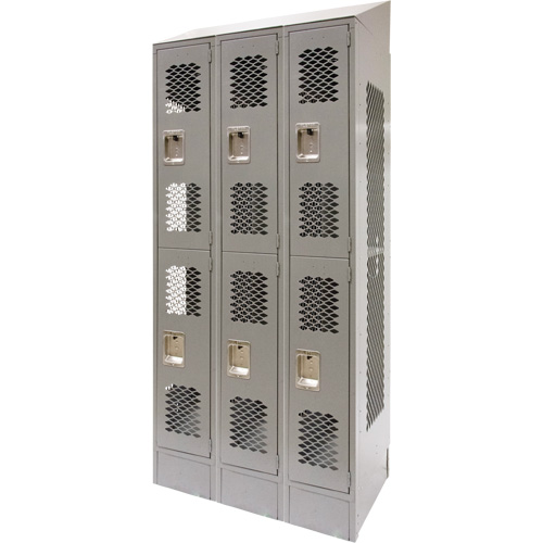 Vented Lockers, 2 -tier, Bank of 3, 36" x 18" x 88", Steel, Grey, Knocked Down, Perforated Pronet Distribution