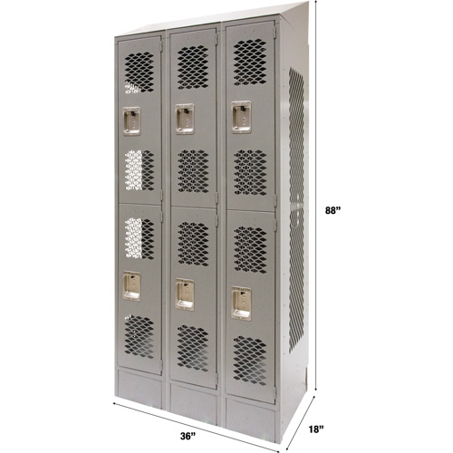Vented Lockers, 2 -tier, Bank of 3, 36" x 18" x 88", Steel, Grey, Knocked Down, Perforated Pronet Distribution
