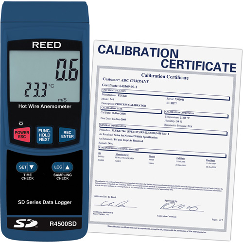 Thermo-an&eacute;mom&egrave;tres &agrave; fil chaud avec enregistrement de donn&eacute;es et certificat de calibration, Enregistrement des donn&eacute;es, Gamme de v&eacute;locit&eacute; d'air de 0,2 - 25 m/sec Pronet Distribution