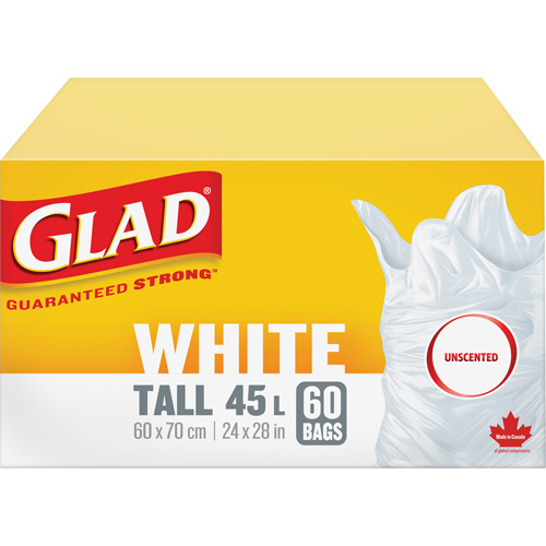 Tall 45L Unscented Garbage Bags, Regular, 24" W x 28" L, White Pronet Distribution