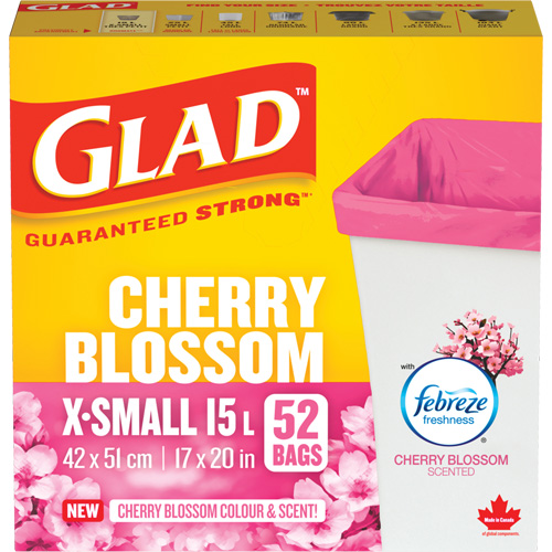 Sacs parfum&eacute;s et de couleur fleur de cerisier de Glad, Fort, 17" la x 20" lo, Rose, Capacit&eacute; 15 L (3,96 gal) Pronet Distribution