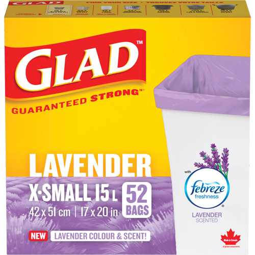 Sacs parfum&eacute;s et de couleur lavande de Glad, Fort, 17" la x 20" lo, Mauve, Capacit&eacute; 15 L (3,96 gal) Pronet Distribution