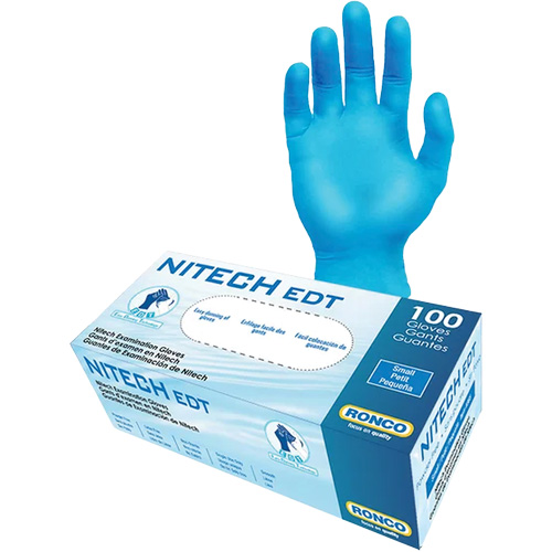 Gants d'examen EDT, Grand, Nitech, 5 mils, Sans poudre, Bleu, Classe 2 Pronet Distribution