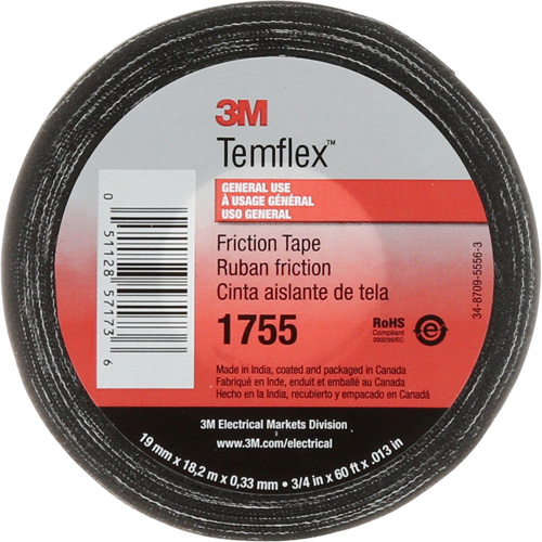 Temflex Cotton Friction Tape 1755, 19 mm (3/4") x 18.28 m (60'), Black Pronet Distribution