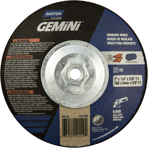 Meule soucoupes Gemini, 7" x 1/4", Arbre 5/8"-11, Oxyde d'aluminium, Type 28 Pronet Distribution
