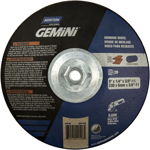 Meule soucoupes Gemini, 9" x 1/4", Arbre 5/8"-11, Oxyde d'aluminium, Type 28 Pronet Distribution