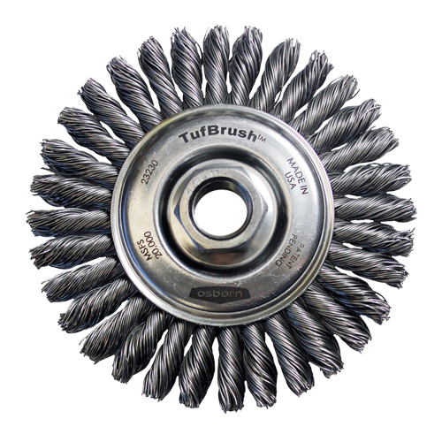 Brosse &agrave; fils nou&eacute;s TufBrush, Dia. 4", Fils 0,02", Arbre 5/8"-11, Acier Pronet Distribution