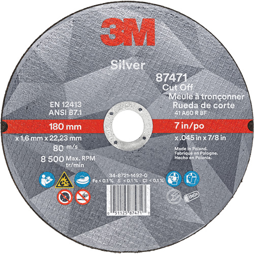 Silver Cut-Off Wheel, 7" x 0.045", 7/8" Arbor, Type 1, Ceramic, 8500 RPM Pronet Distribution