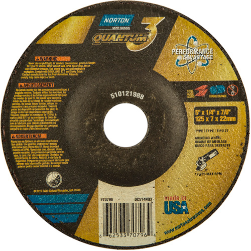 Quantum3 Grinding Wheel, 5" x 1/4", 7/8" Arbor, Ceramic, Type 27 Pronet Distribution