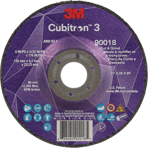 Meule &agrave; couper & tronçonner Cubitron 3, 5" x 5/32", Arbre de 7/8", Type T27, Grain de 36+, C&eacute;ramique Pronet Distribution