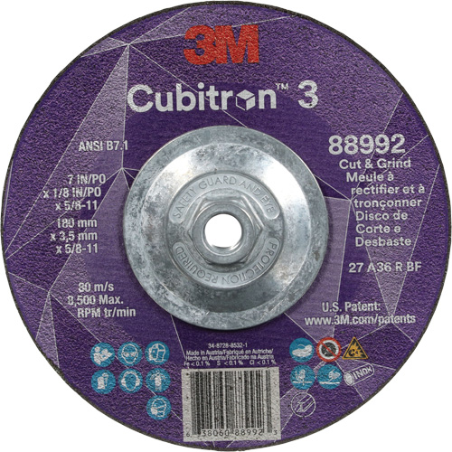 Meule &agrave; rectifier et &agrave; tronçonner Cubitron 3, 7" x 1/8", Arbre de 5/8"-11, Type 27, Grain de 36, C&eacute;ramique Pronet Distribution