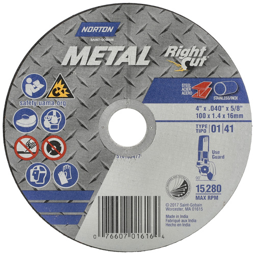Meule &agrave; tronçonner m&eacute;tallique pour coupe &agrave; angle droit RightCut, 4-1/2" x 0,04", Arbre de 7/8", Type 01/41, Oxyde d'aluminium, 13580 Tr/min Pronet Distribution