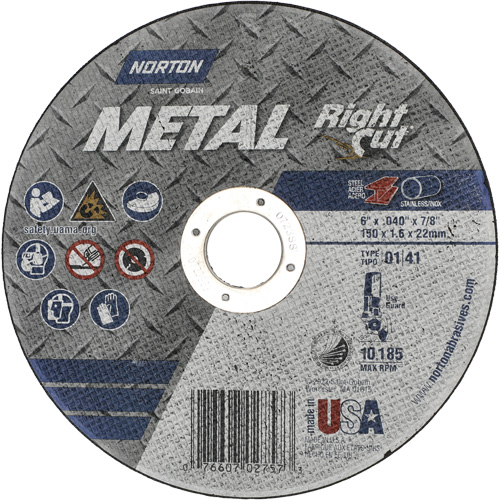 Meule &agrave; tronçonner m&eacute;tallique pour coupe &agrave; angle droit RightCut, 6" x 0,04", Arbre de 7/8", Type 01/41, Oxyde d'aluminium, 10185 Tr/min Pronet Distribution