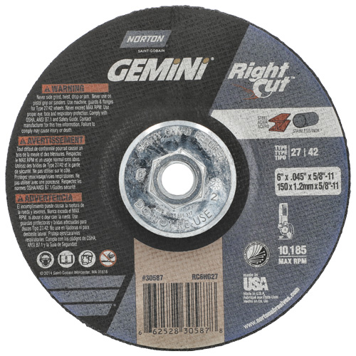 Meule &agrave; tronçonner pour coupe &agrave; angle droit RightCut Gemini, 6" x 0,045", Arbre de 5/8"-11, Type 27/42, Oxyde d'aluminium, 10185 Tr/min Pronet Distribution