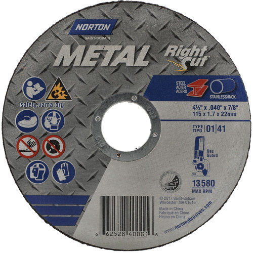 Meule &agrave; tronçonner m&eacute;tallique pour coupe &agrave; angle droit RightCut, 4-1/2" x 0,045", Arbre de 7/8", Type 01/41, Oxyde d'aluminium, 13580 Tr/min Pronet Distribution