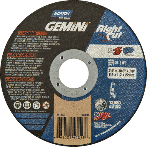 Meule &agrave; tronçonner pour coupe &agrave; angle droit RightCut Gemini, 4-1/2" x 0,045", Arbre de 7/8", Type 01/41, Oxyde d'aluminium, 13580 Tr/min Pronet Distribution