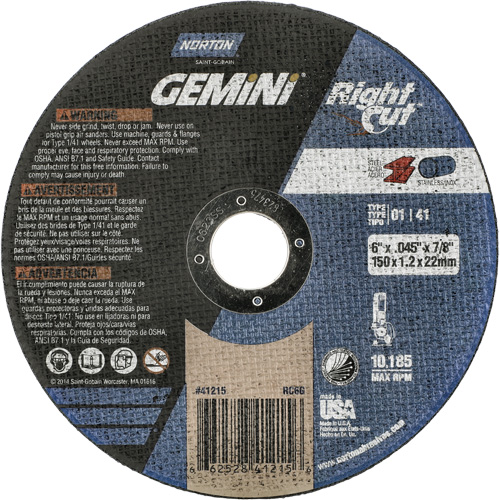 Meule &agrave; tronçonner pour coupe &agrave; angle droit RightCut Gemini, 6" x 0,045", Arbre de 7/8", Type 01/41, Oxyde d'aluminium, 10185 Tr/min Pronet Distribution