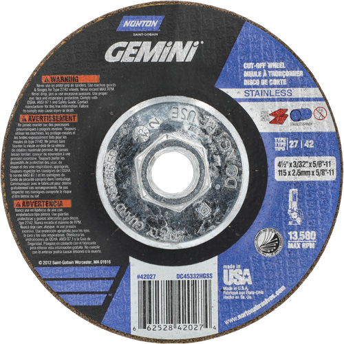 Meule &agrave; tronçonner pour coupe &agrave; angle droit INOX/SS Gemini, 4-1/2" x 3/32", Arbre de 5/8"-11, Type 27/42, Oxyde d'aluminium, 13580 Tr/min Pronet Distribution