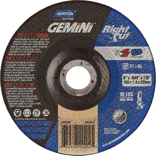 Meule &agrave; tronçonner pour coupe &agrave; angle droit RightCut Gemini, 6" x 0,045", Arbre de 7/8", Type 27/42, Oxyde d'aluminium, 10185 Tr/min Pronet Distribution