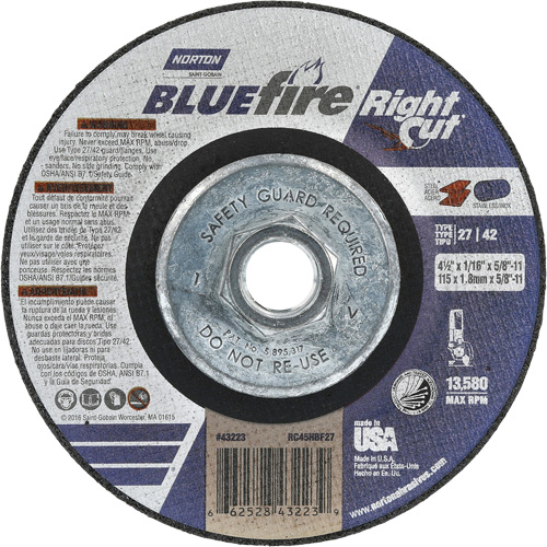 Meule &agrave; tronçonner pour coupe &agrave; angle droit RightCut BlueFire, 4-1/2" x 1/16", Arbre de 5/8"-11, Type 27/42, Oxyde d'aluminium, 13580 Tr/min Pronet Distribution