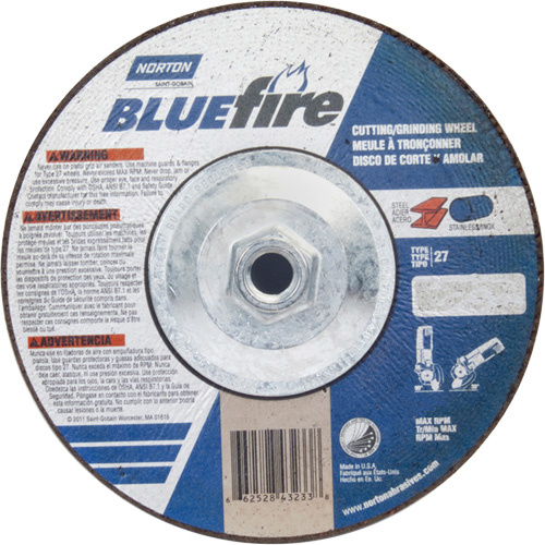Disque de meulage et tronçonnage BlueFire, 7" x 1/8", Arbre de 5/8"-11, Type 27, Alumine de zirconium Pronet Distribution