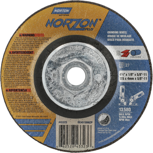 Disque de meulage et tronçonnage NorZon Plus SGZ CA, 4-1/2" x 1/8", Arbre de 5/8"-11, Type 27, C&eacute;ramique d'alumine Pronet Distribution