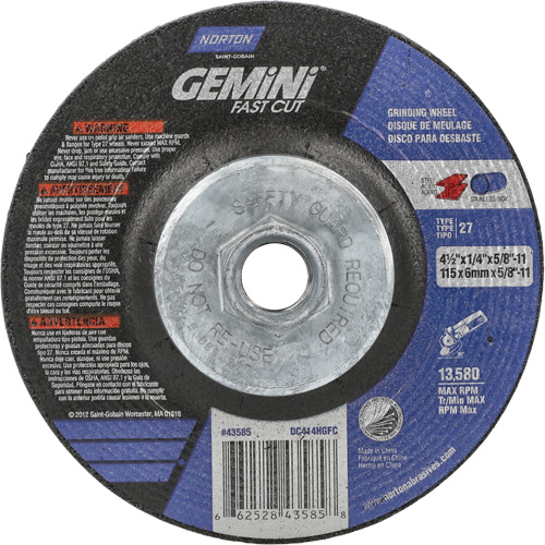 Meule Gemini, 4-1/2" x 1/4", Arbre 5/8"-11, Oxyde d'aluminium, Type 27 Pronet Distribution