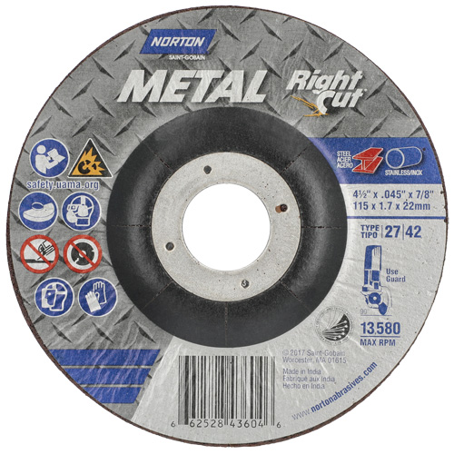 Meule &agrave; tronçonner m&eacute;tallique pour coupe &agrave; angle droit RightCut, 4-1/2" x 0,045", Arbre de 7/8", Type 27, Oxyde d'aluminium, 13580 Tr/min Pronet Distribution